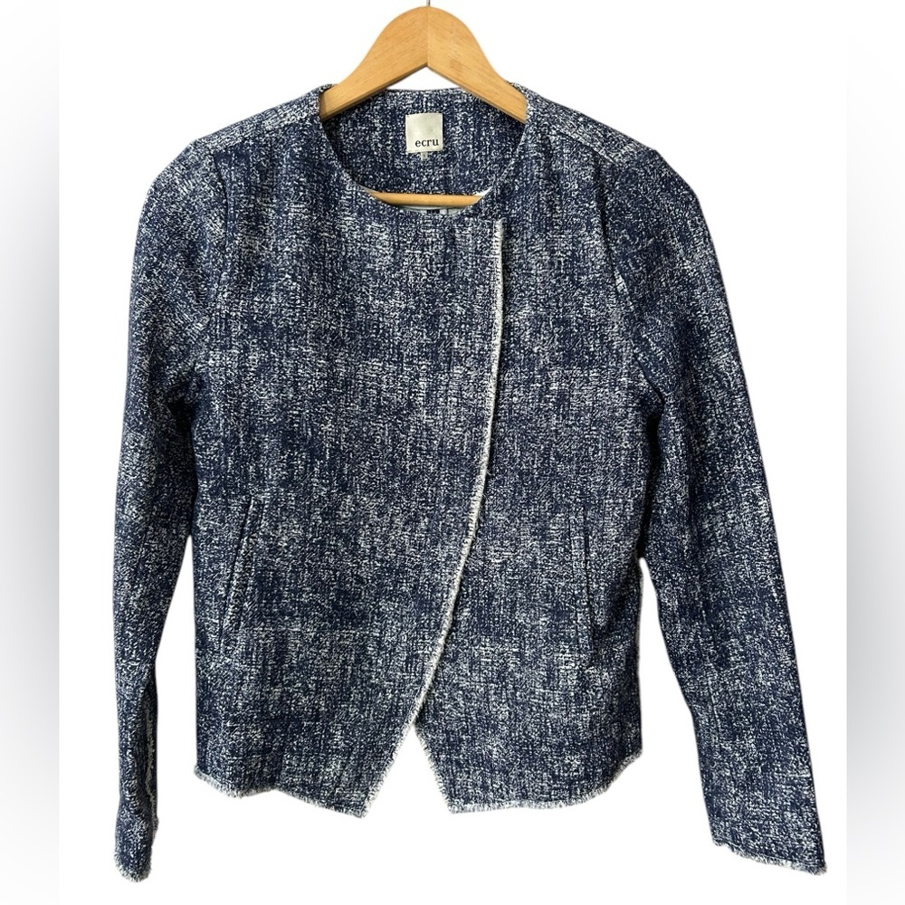 Ecru Women’s Blue Printed Fringe Trim Tweed Jacket Asymmetrical Zip Blazer Small